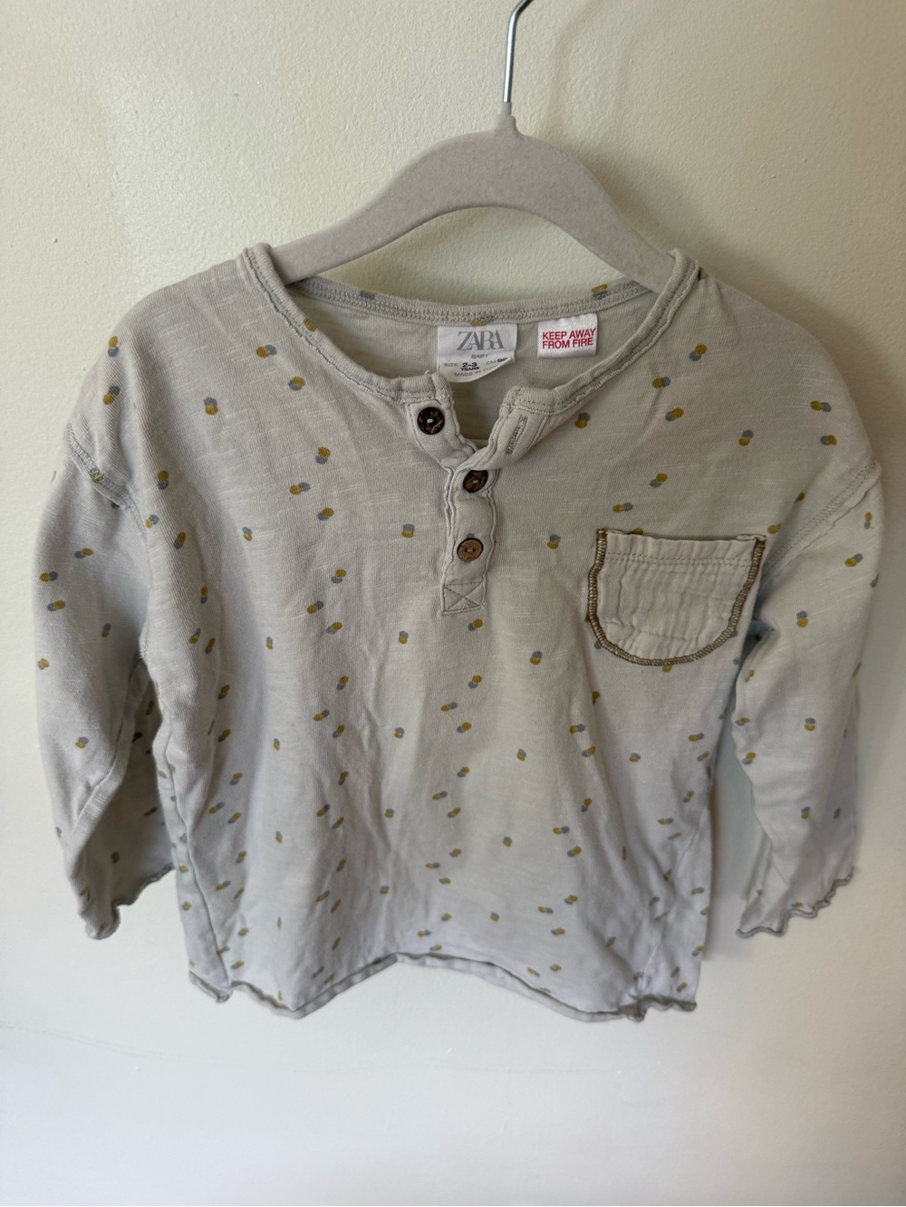 Zara Kids Cream Long Sleeve Henley with Yellow Dot Print